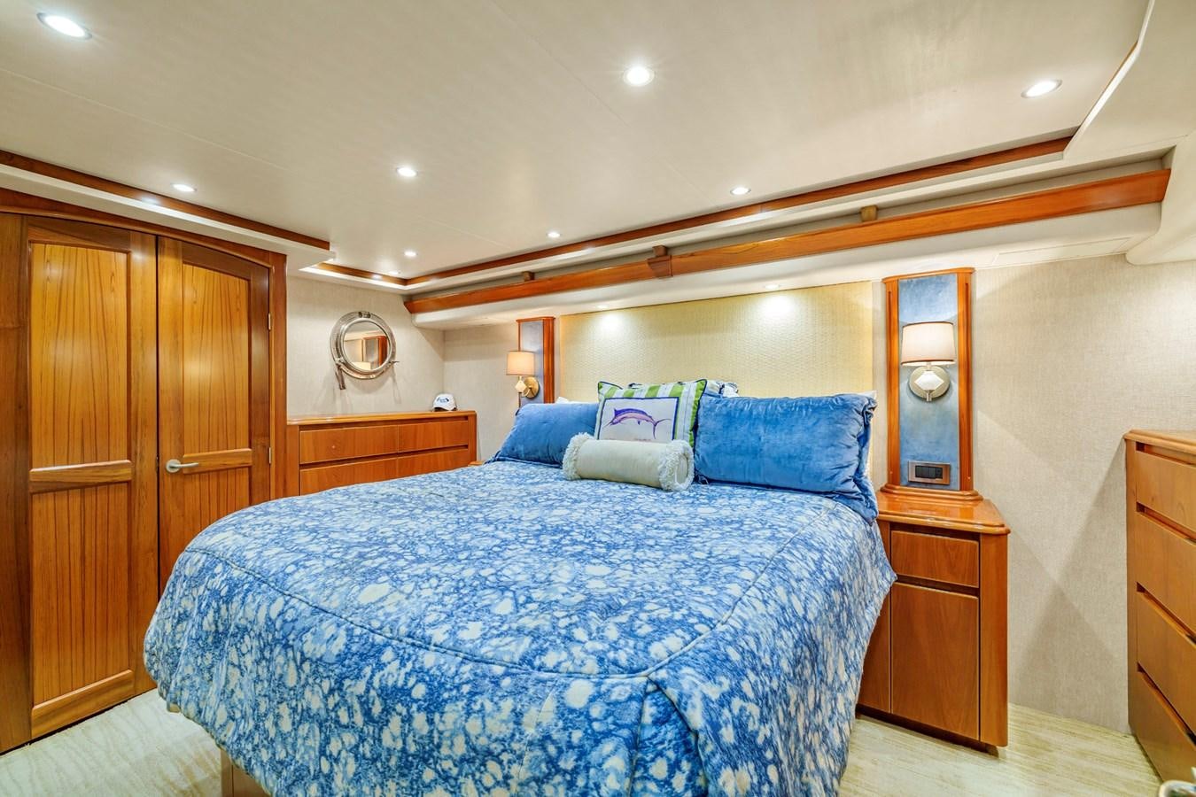 a bed in a room aboard LIFE IS GOOD Yacht for Sale