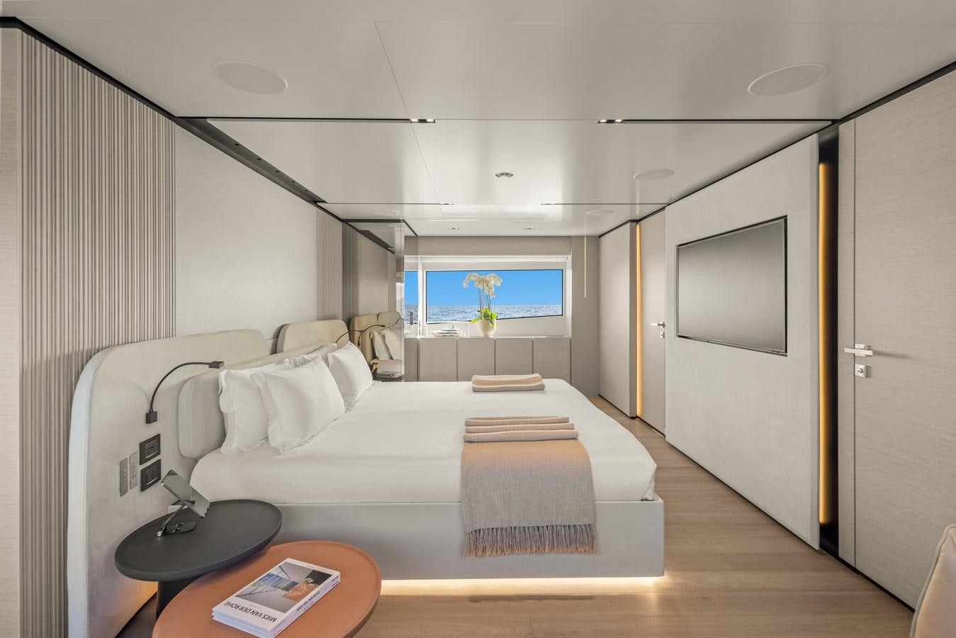 a bed in a room aboard BUONGIORNO Yacht for Sale
