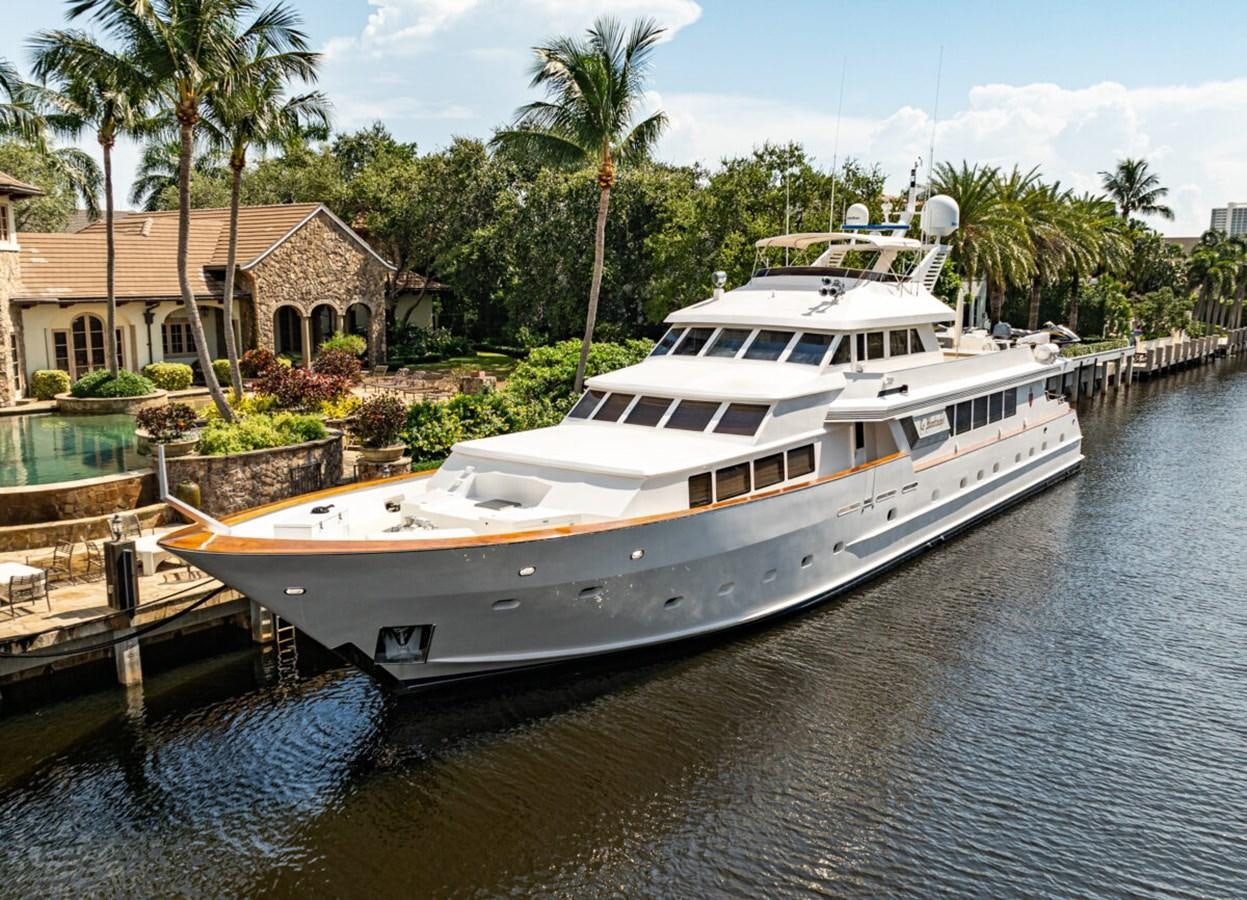 a boat docked at a pier aboard LE MONTRACHET Yacht for Sale