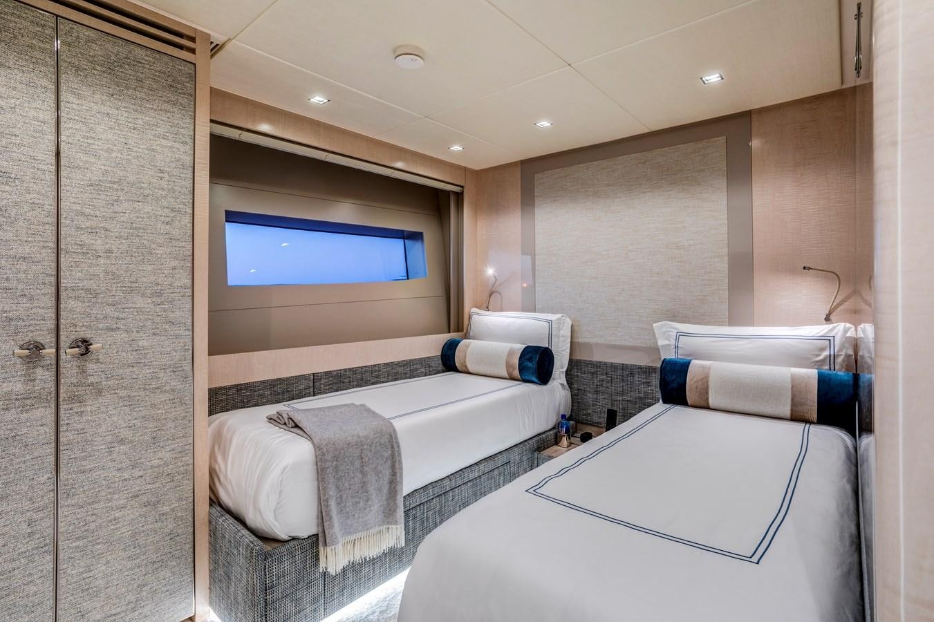 a bathroom with a large window aboard MYSTERE Yacht for Sale