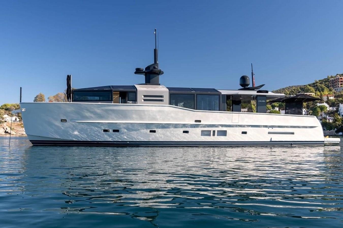 a large white boat aboard ARCADIA 85 2015 Yacht for Sale