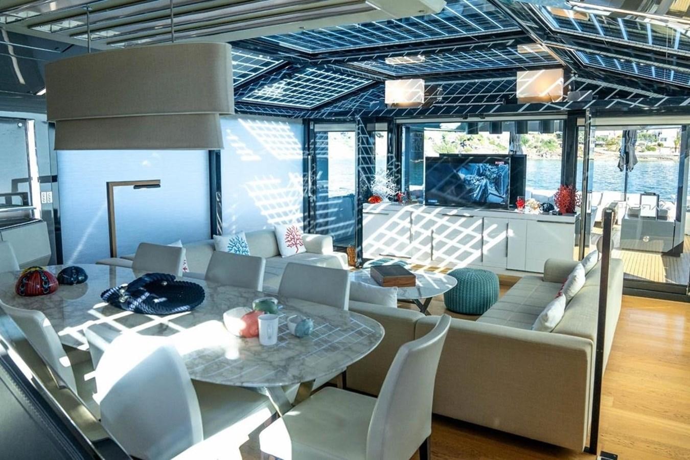 a living room with a large window aboard ARCADIA 85 2015 Yacht for Sale