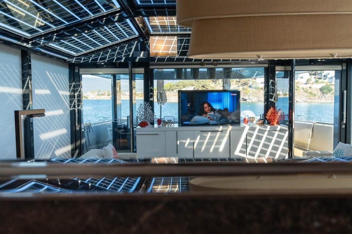 a room with a large window and a couch aboard ARCADIA 85 2015 Yacht for Sale