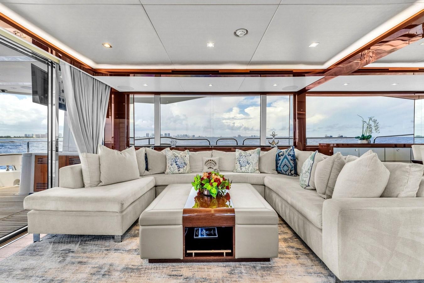 a living room with a couch and a table aboard 2018 SUNSEEKER 95 YACHT Yacht for Sale