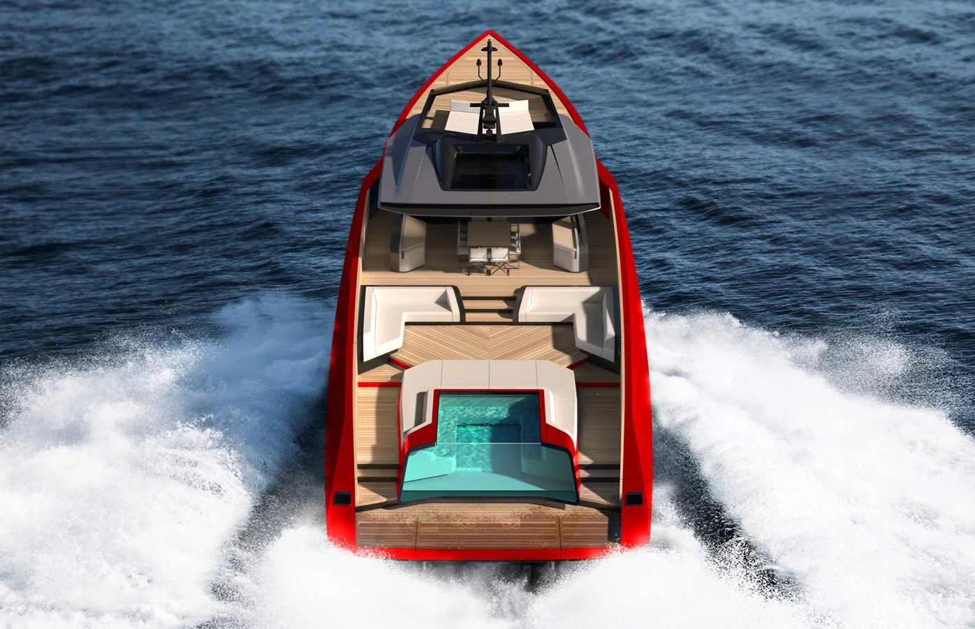 a boat with a red and white tower on it aboard TRIBALE ESSENCE 125 Yacht for Sale