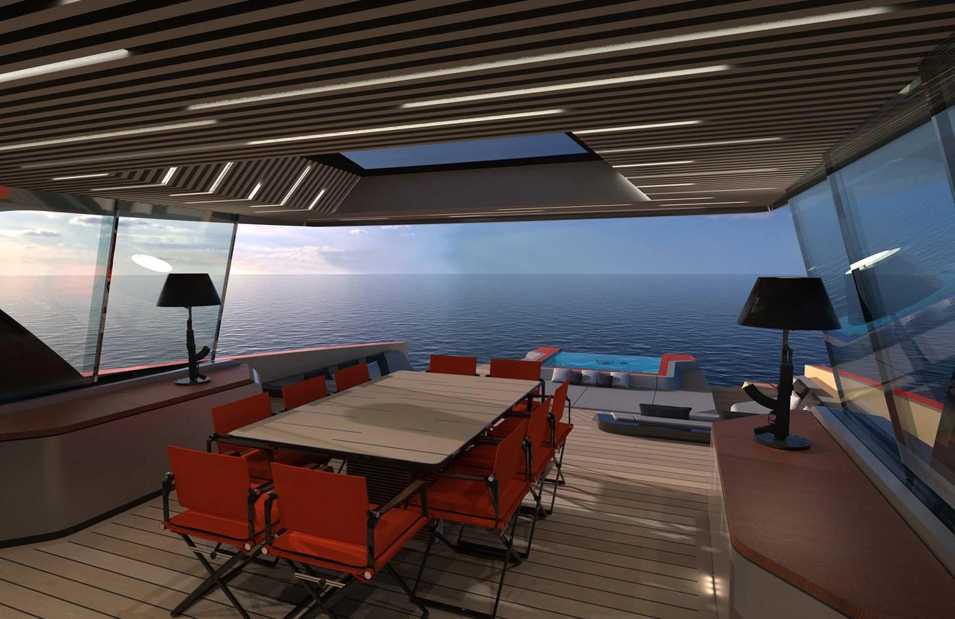 a room with tables and chairs aboard TRIBALE ESSENCE 125 Yacht for Sale