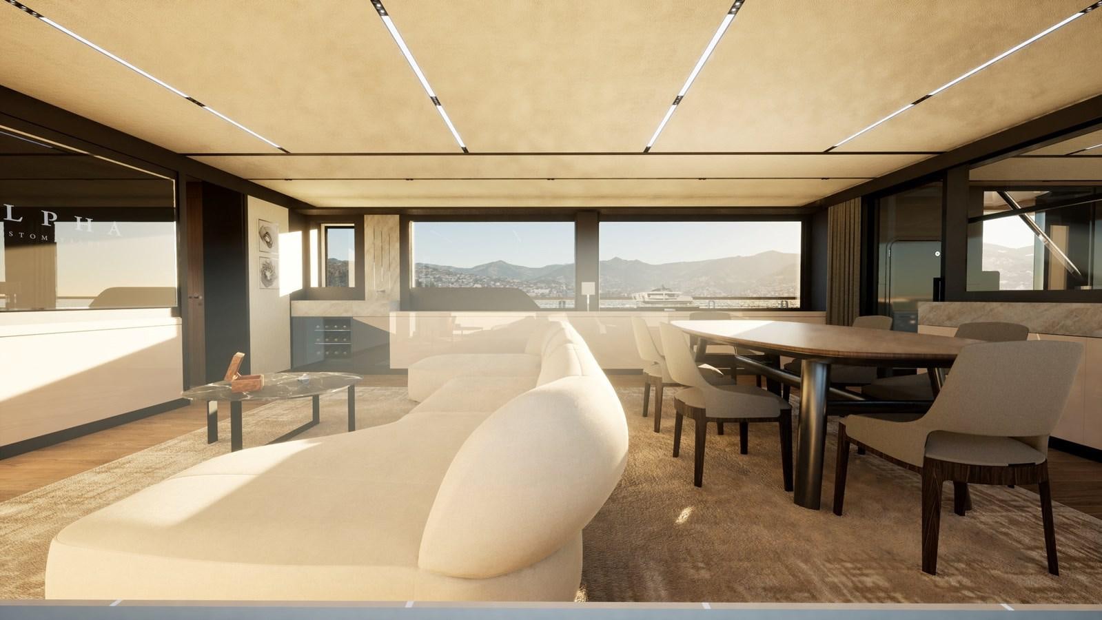 a room with a table and chairs aboard 2024 ALPHA CUSTOM YACHT SQUALO 100 Yacht for Sale