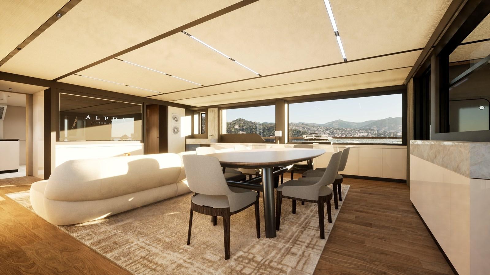 a room with a table and chairs aboard 2024 ALPHA CUSTOM YACHT SQUALO 100 Yacht for Sale