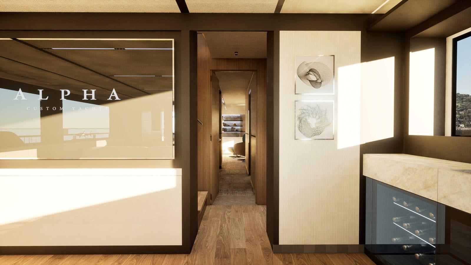 a room with a wood floor and a door with a mirror on the wall aboard 2024 ALPHA CUSTOM YACHT SQUALO 100 Yacht for Sale