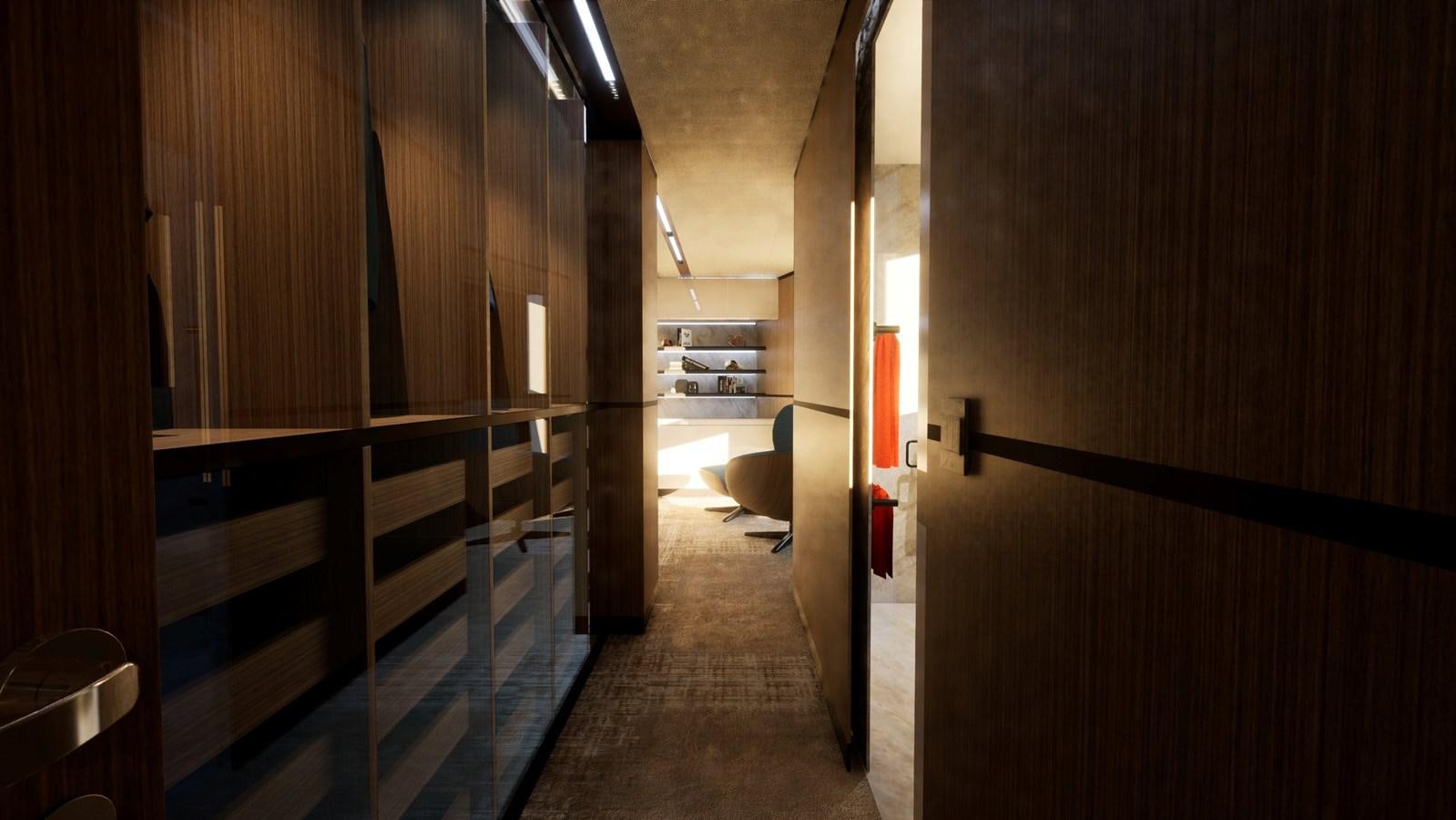 a hallway with wood cabinets aboard 2024 ALPHA CUSTOM YACHT SQUALO 100 Yacht for Sale