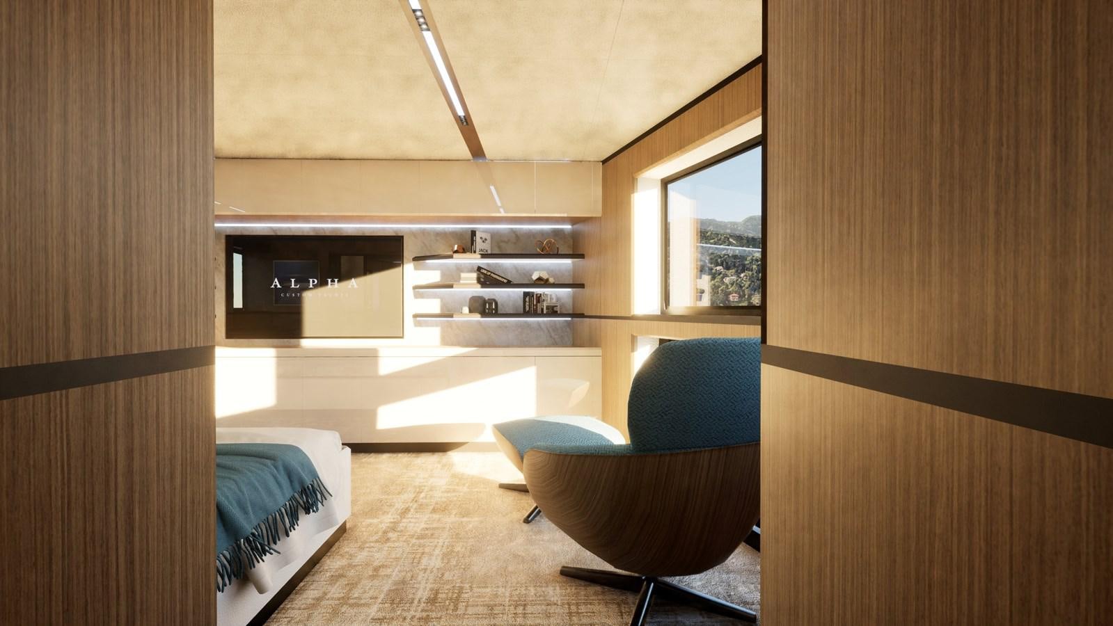 a room with a couch and a chair aboard 2024 ALPHA CUSTOM YACHT SQUALO 100 Yacht for Sale