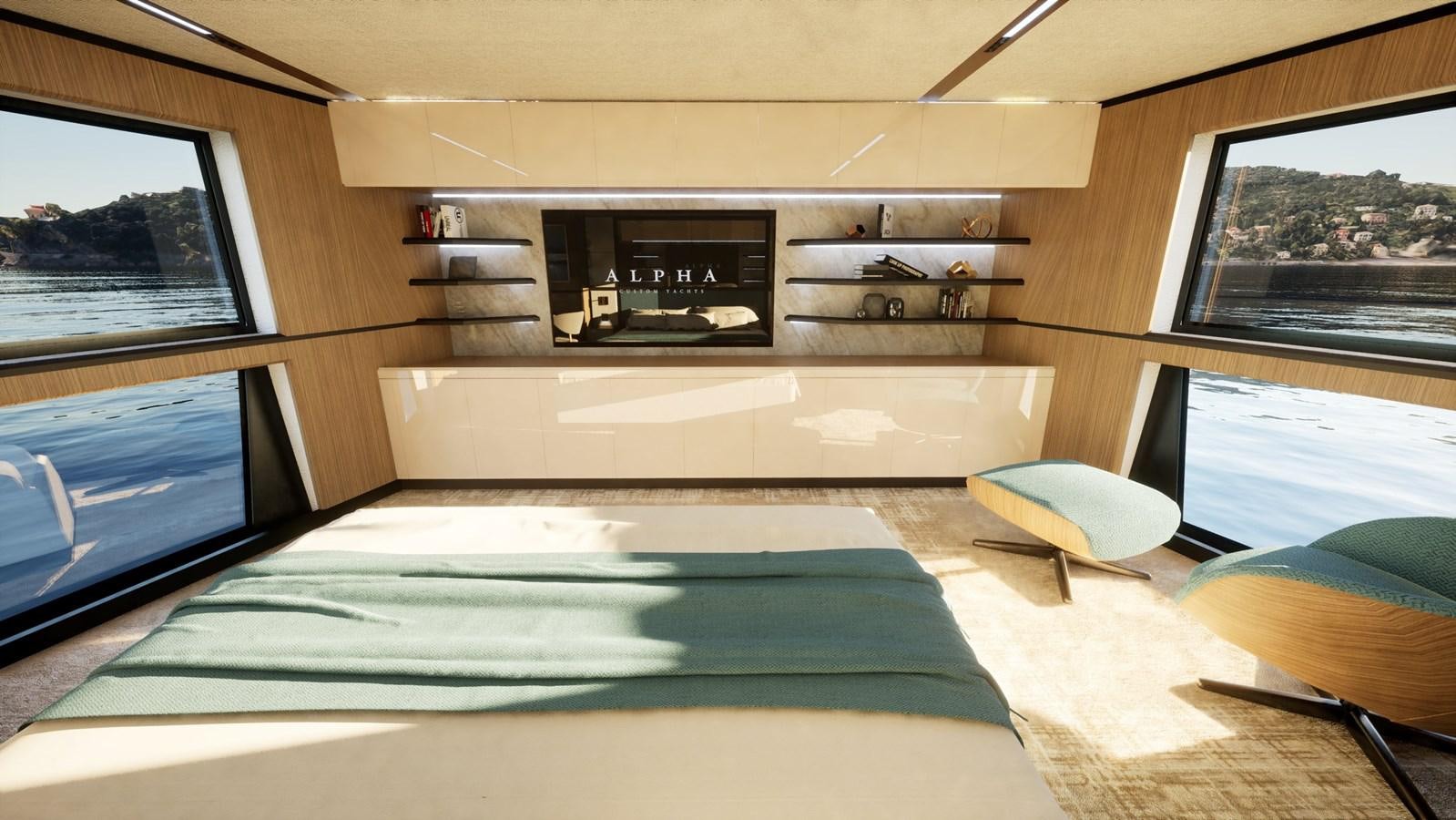 a room with a bed and a fireplace aboard 2024 ALPHA CUSTOM YACHT SQUALO 100 Yacht for Sale