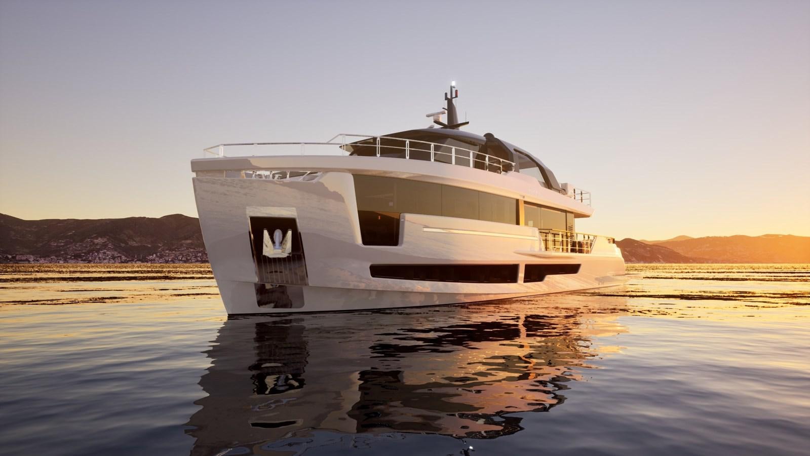 a white boat on the water aboard 2024 ALPHA CUSTOM YACHT SQUALO 100 Yacht for Sale