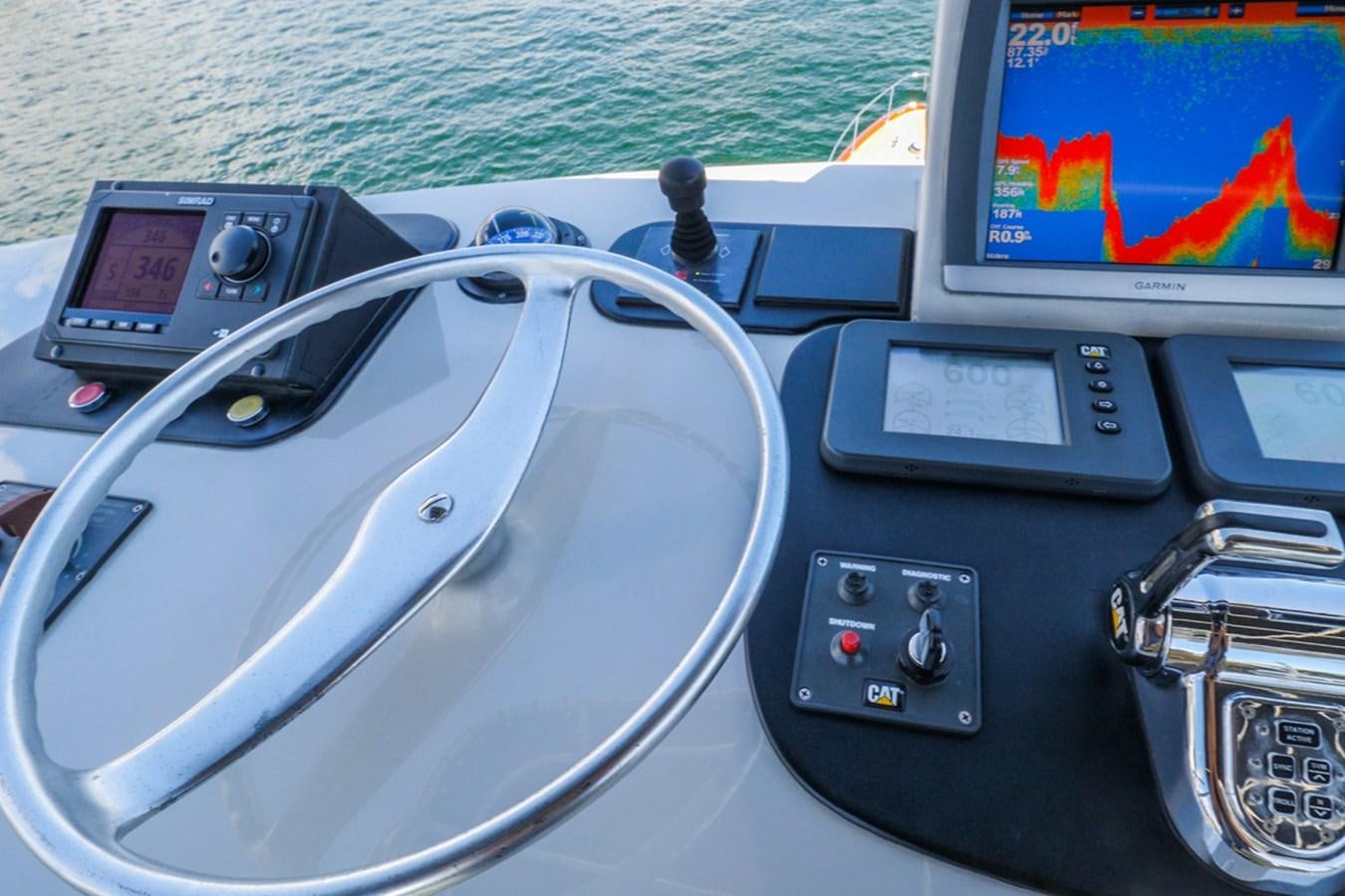a steering wheel and dashboard of a boat aboard THANKS BUDS Yacht for Sale