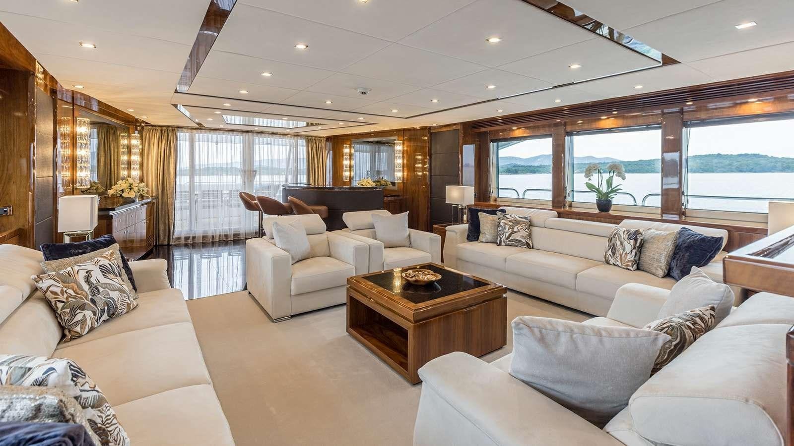 a living room with a large window aboard KATARIINA I Yacht for Sale