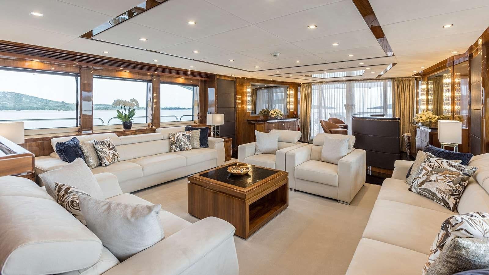 a living room with a large window aboard KATARIINA I Yacht for Sale