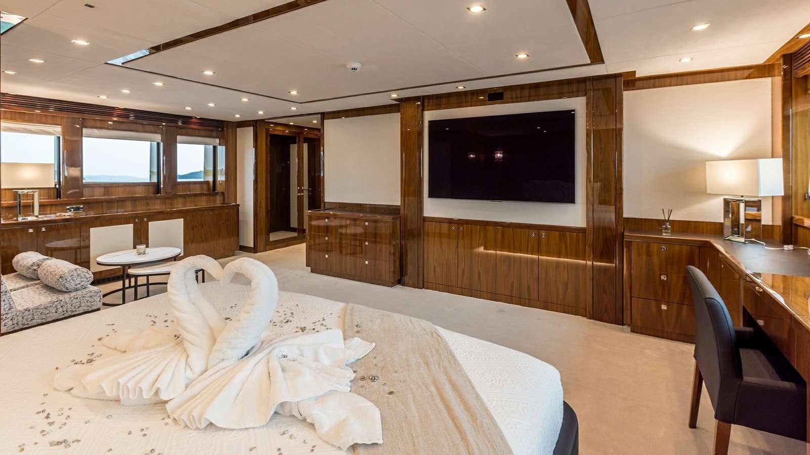 a hotel room with a large television aboard KATARIINA I Yacht for Sale