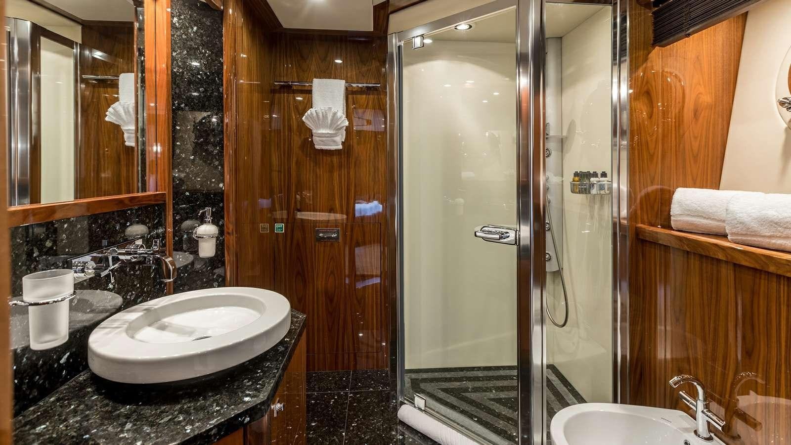 a bathroom with a sink and a shower aboard KATARIINA I Yacht for Sale
