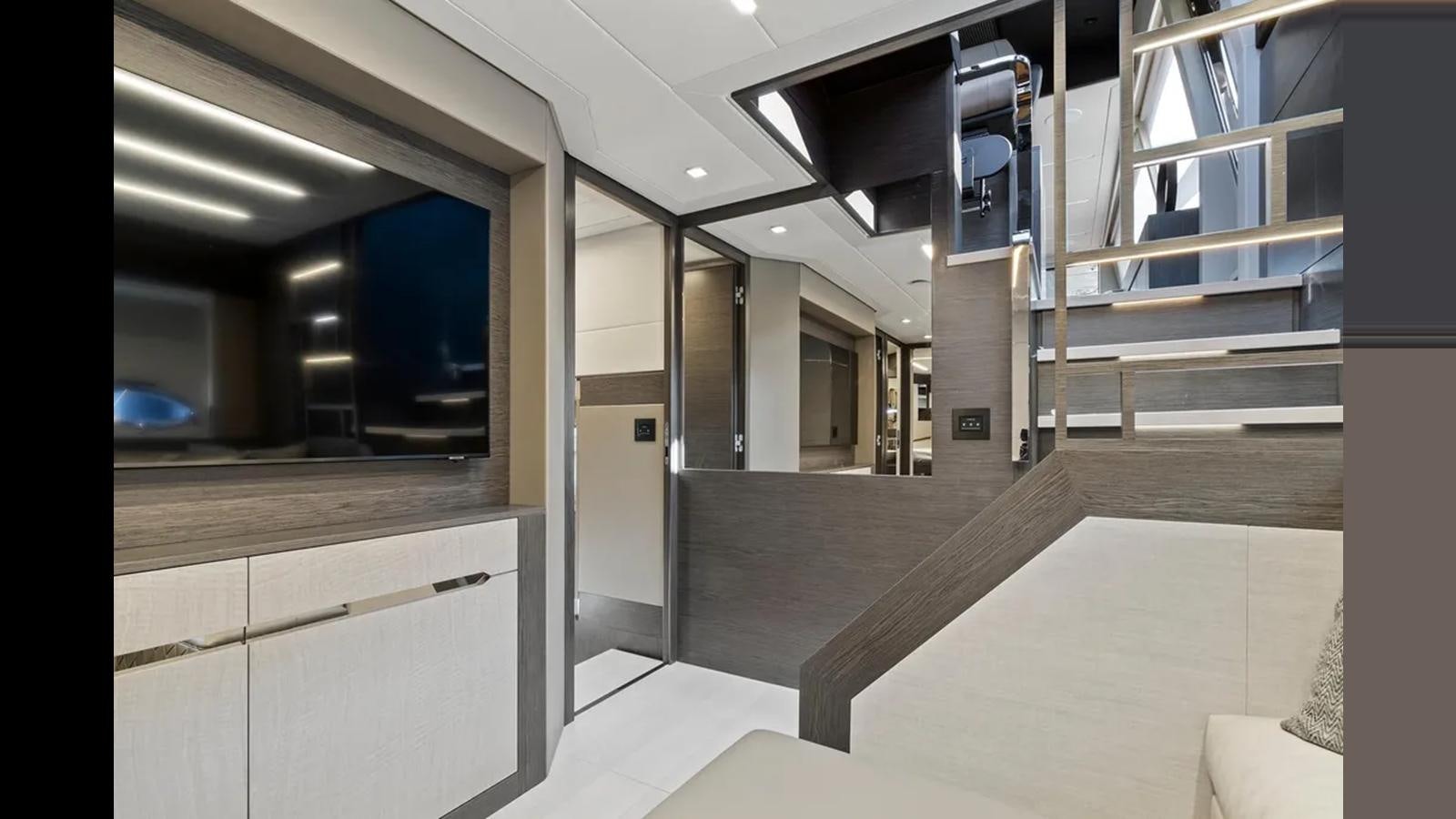 a room with several doors aboard 2023 80' PERSHING 8X Yacht for Sale