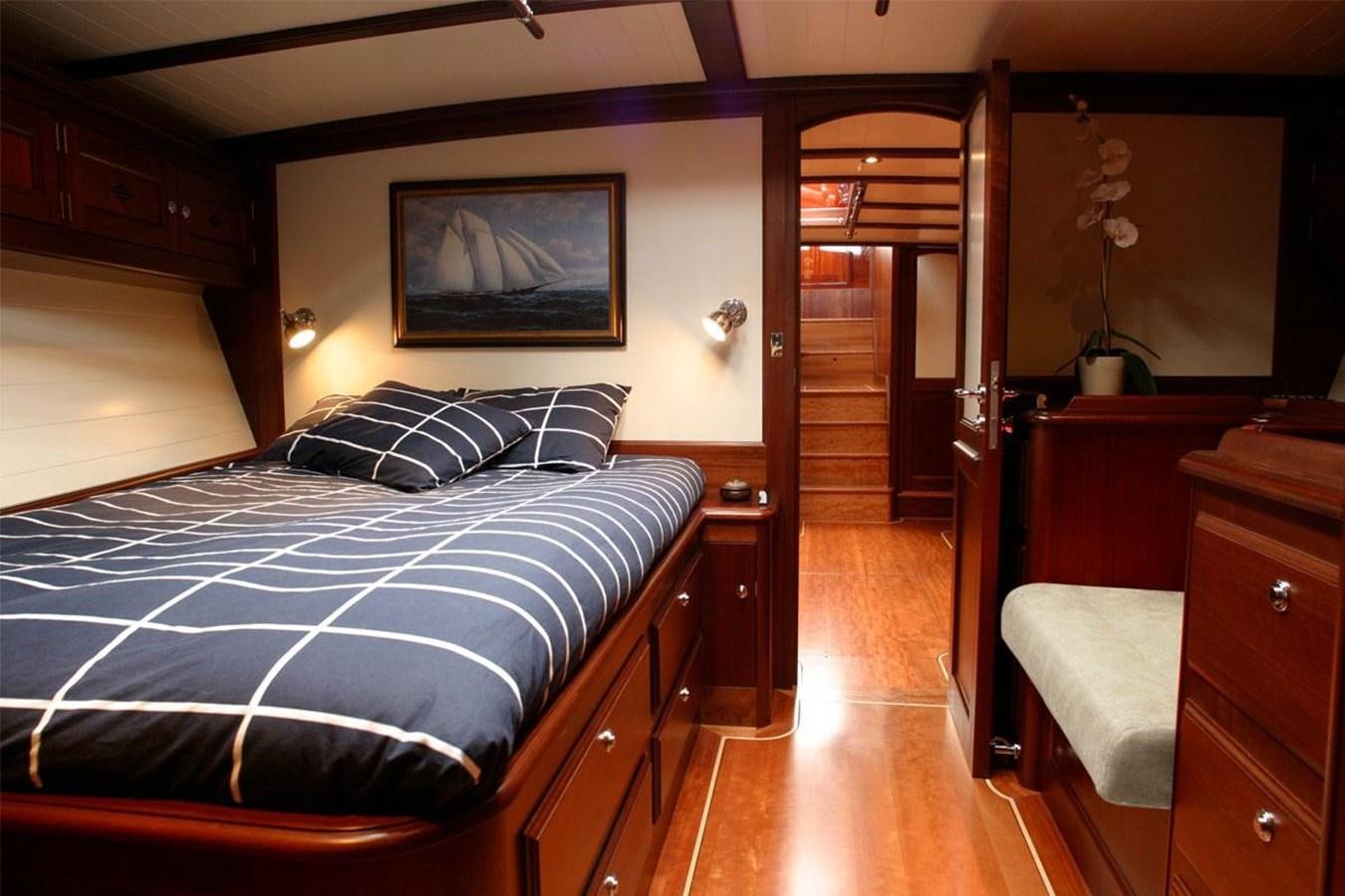 a bedroom with a bed and a television on the wall aboard ALDEBARAN Yacht for Sale