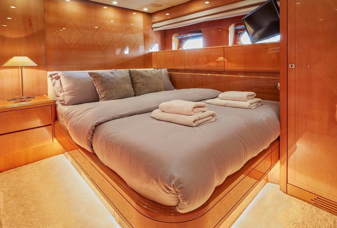 a bed with a white comforter aboard LEOPARD 26 FLY Yacht for Sale