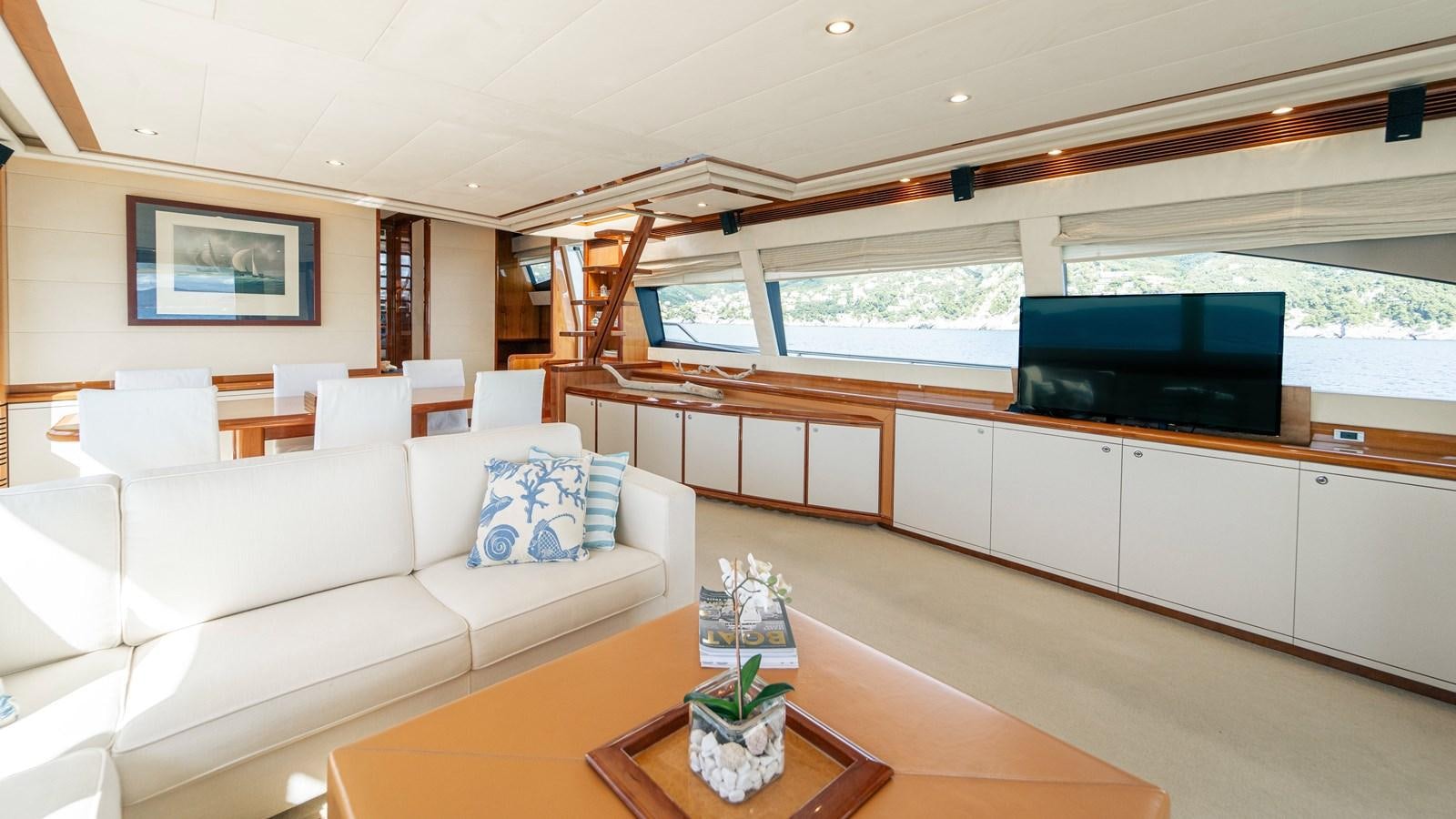 a living room with a large tv aboard LADY HELENA Yacht for Sale