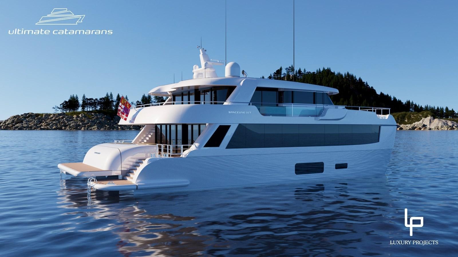 a white yacht on the water aboard SPACELINE 88 Yacht for Sale