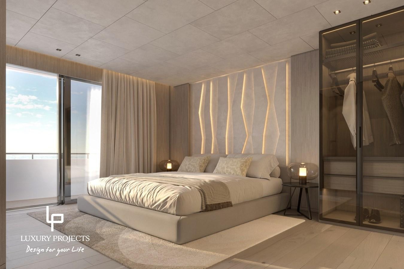 a room with a bed and a window aboard SPACELINE 88 Yacht for Sale