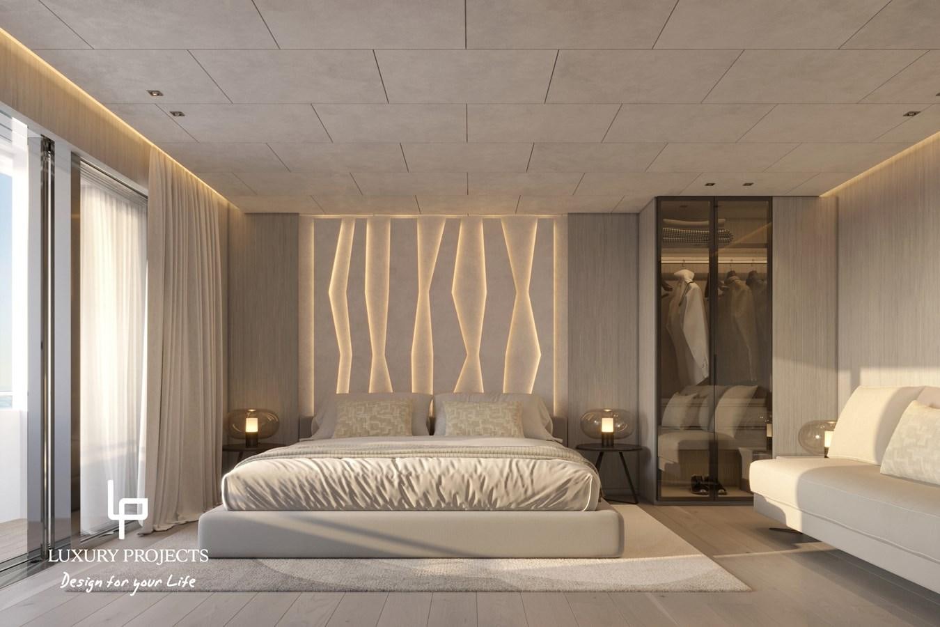 a bedroom with a bed and a large window aboard SPACELINE 88 Yacht for Sale