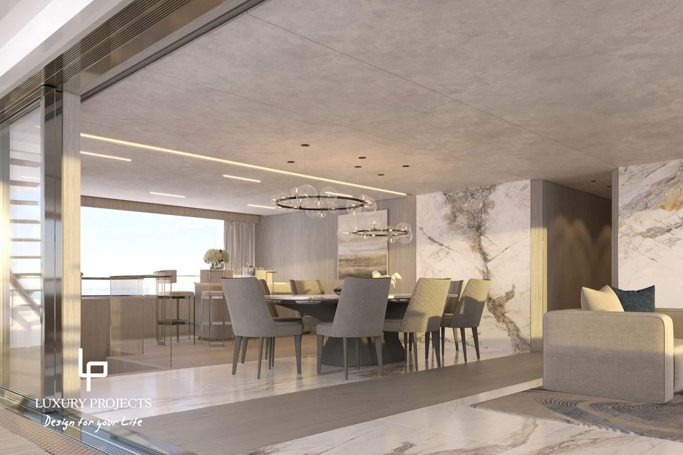 a room with a table chairs and a couch aboard SPACELINE 88 Yacht for Sale