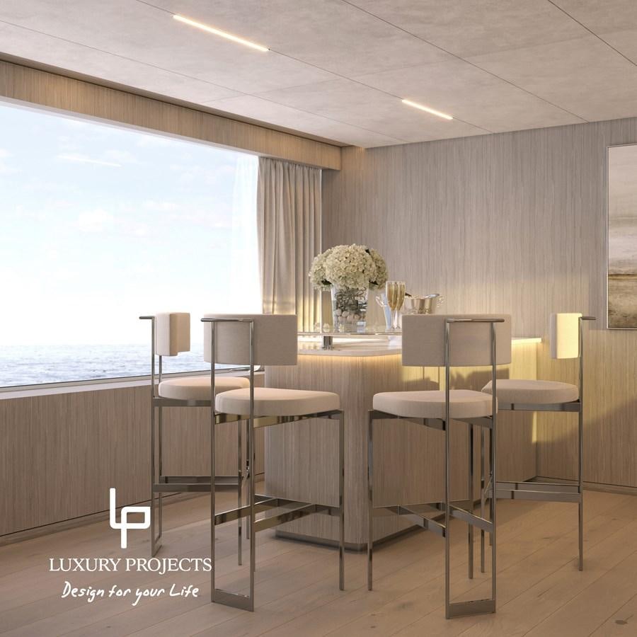 a room with a table chairs and a window aboard SPACELINE 88 Yacht for Sale