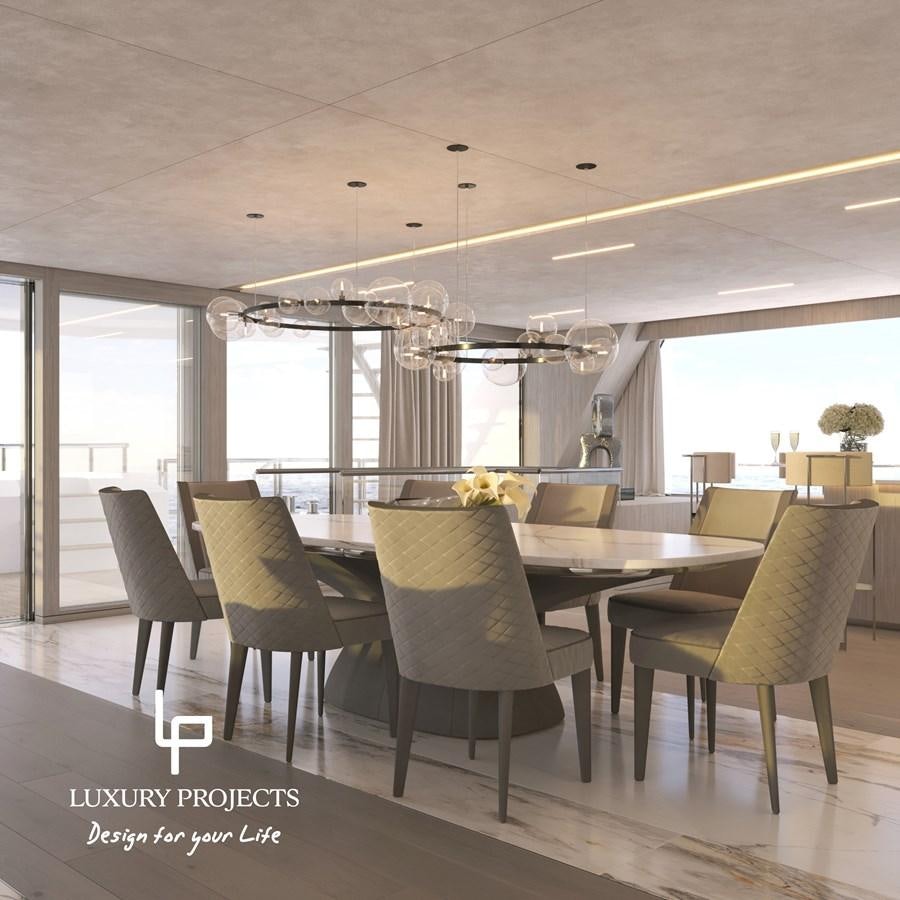 a room with tables and chairs aboard SPACELINE 88 Yacht for Sale