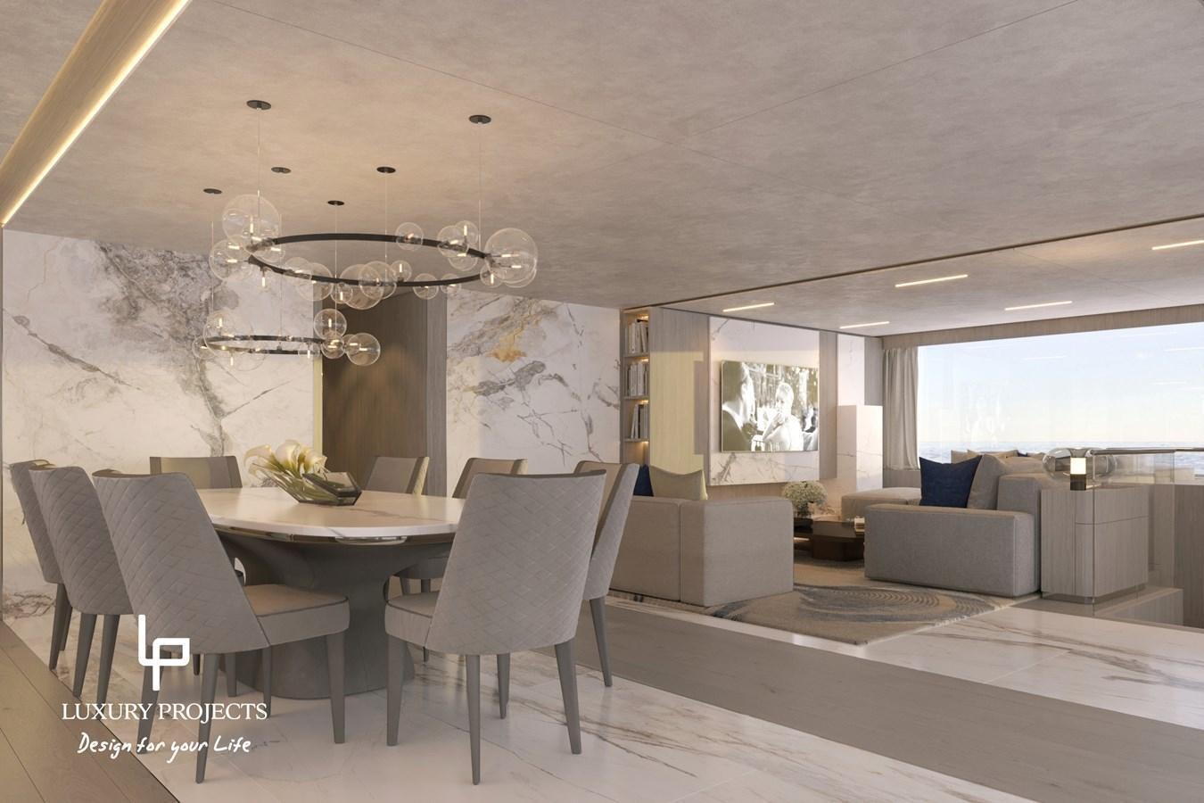 a modern looking living room aboard SPACELINE 88 Yacht for Sale