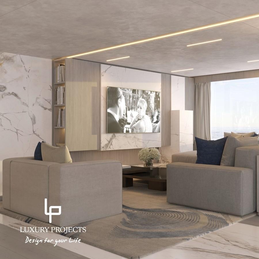 a living room with a couch and a tv aboard SPACELINE 88 Yacht for Sale