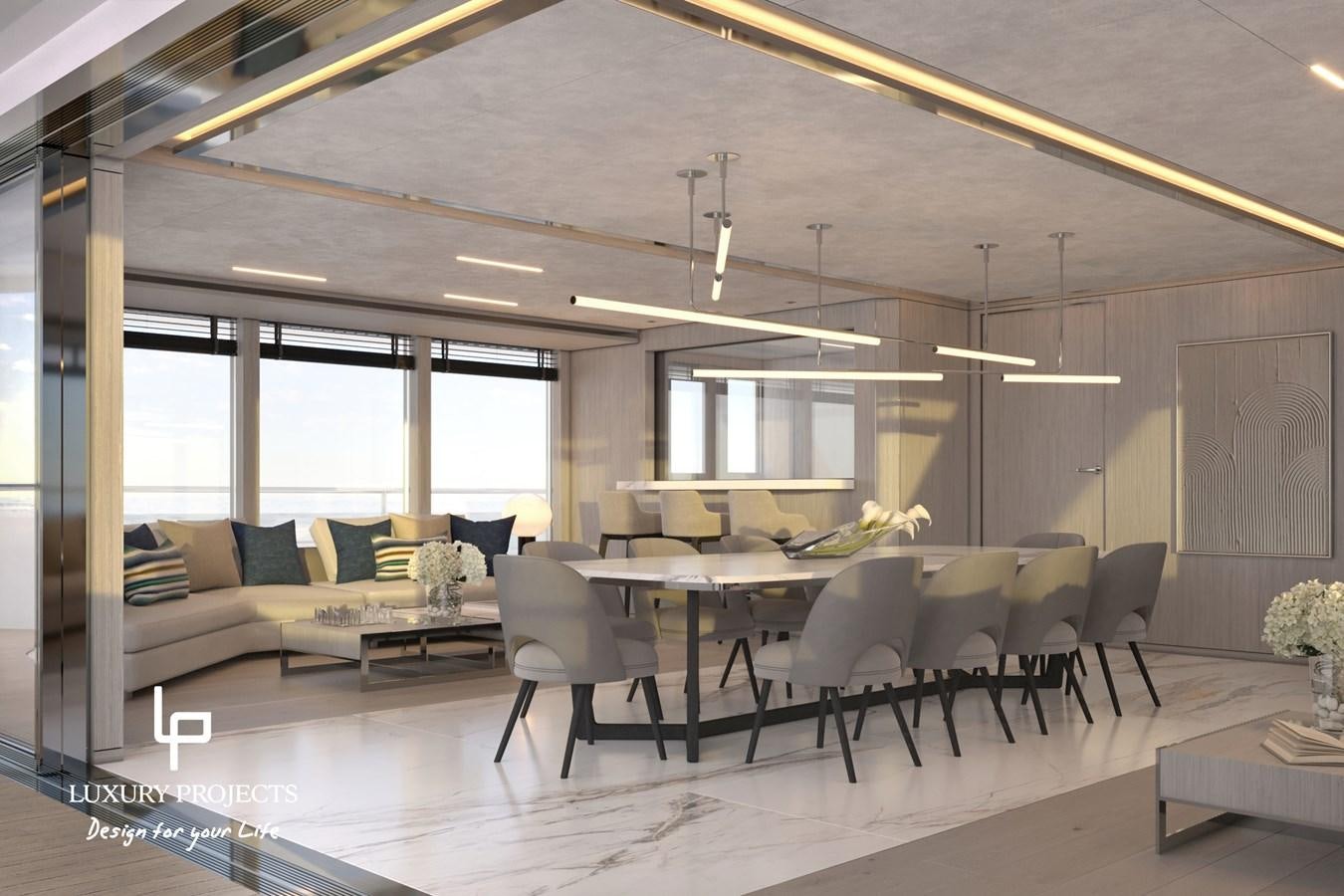 a room with tables and chairs aboard SPACELINE 88 Yacht for Sale