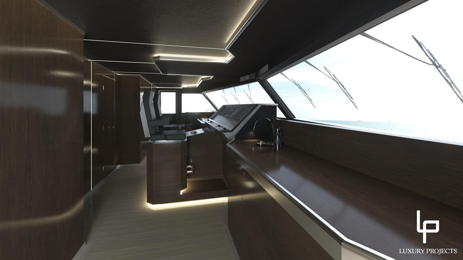a room with a piano and a large window aboard SPACELINE 88 Yacht for Sale