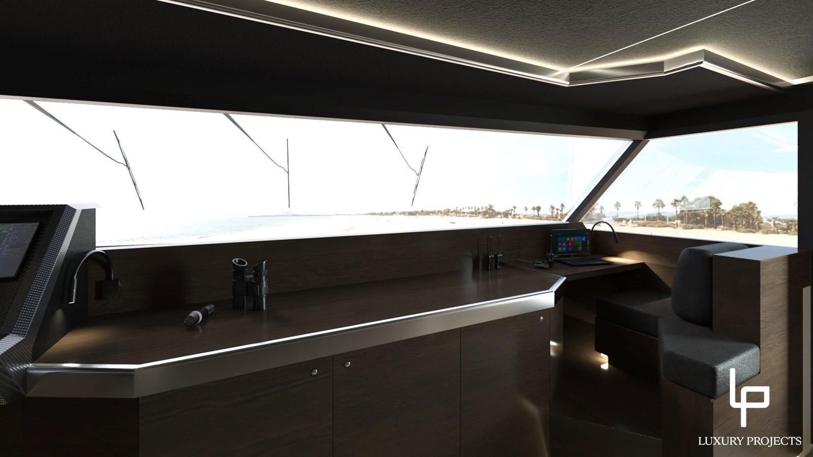 a desk with a computer and a large window aboard SPACELINE 88 Yacht for Sale