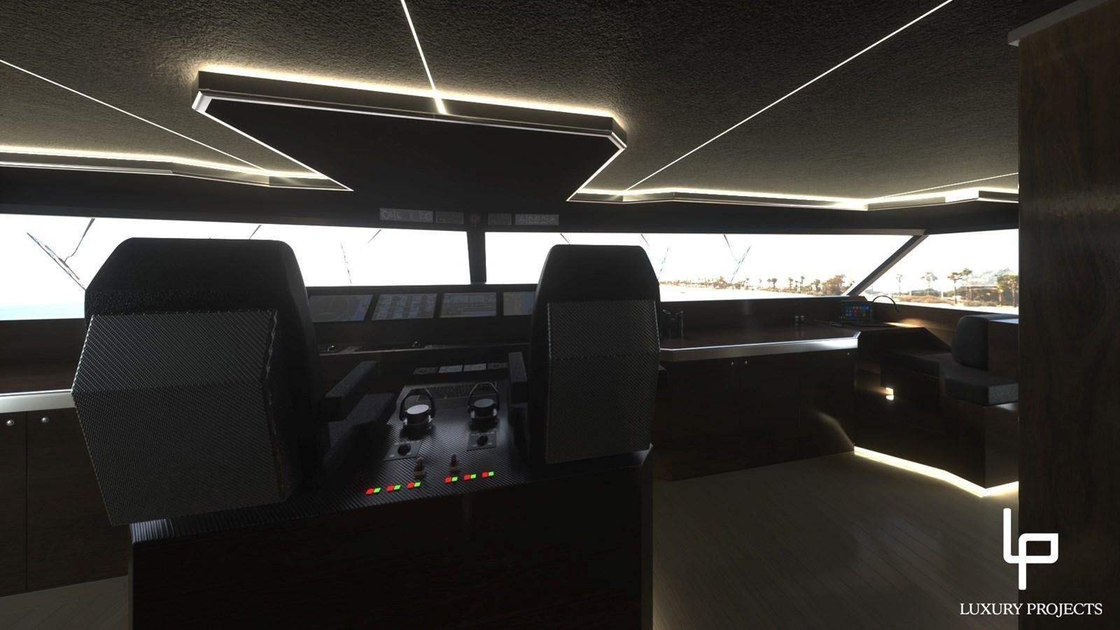 a room with a desk and chairs aboard SPACELINE 88 Yacht for Sale