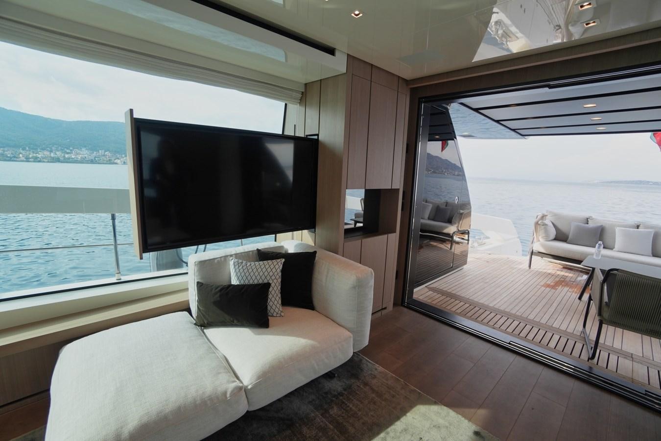 a living room with a large screen aboard LOVE IS IN THE AIR Yacht for Sale