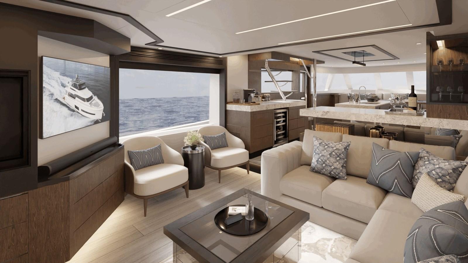a living room with a large screen aboard HORIZON V68 Yacht for Sale