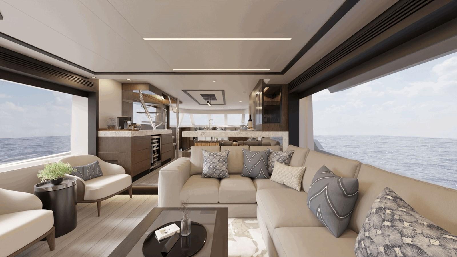 a living room with a large window aboard HORIZON V68 Yacht for Sale