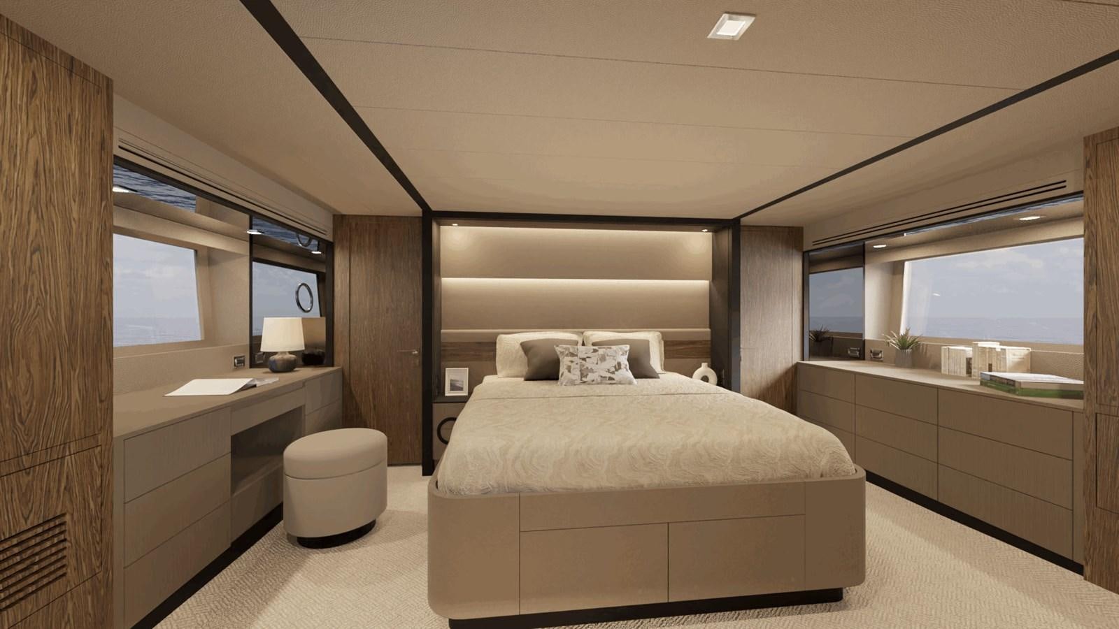 a bedroom with a bed and a desk aboard HORIZON V68 Yacht for Sale
