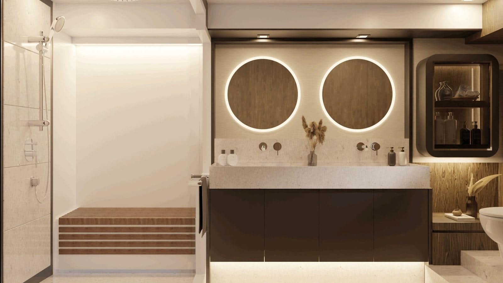 a bathroom with a sink and a mirror aboard HORIZON V68 Yacht for Sale