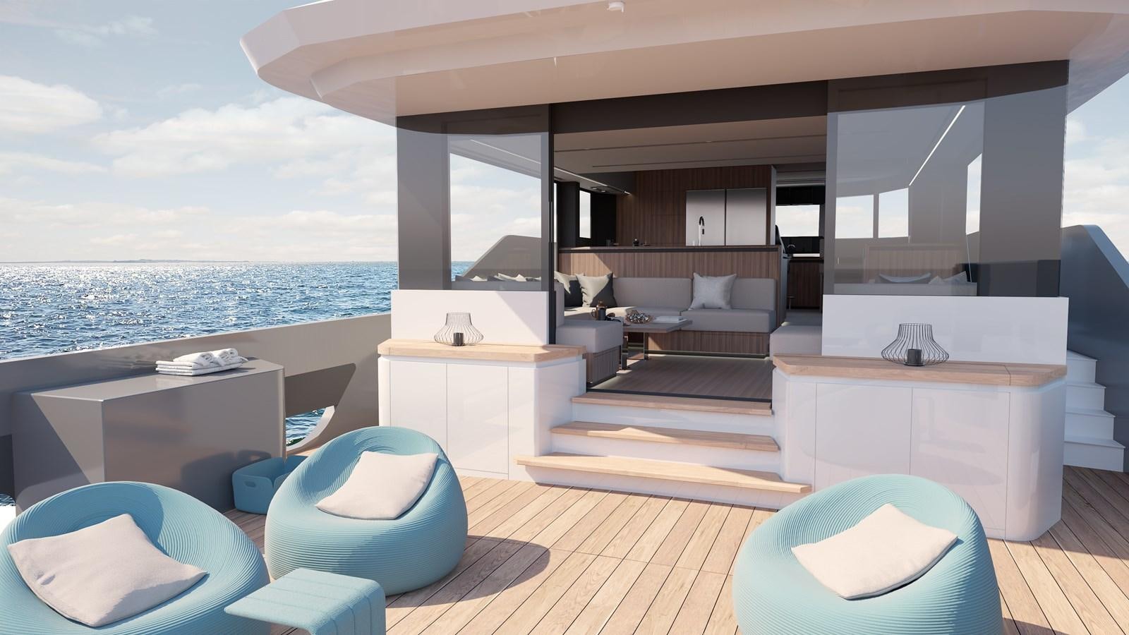 a room with a view of the ocean and the deck aboard CROSSOVER 27M Yacht for Sale