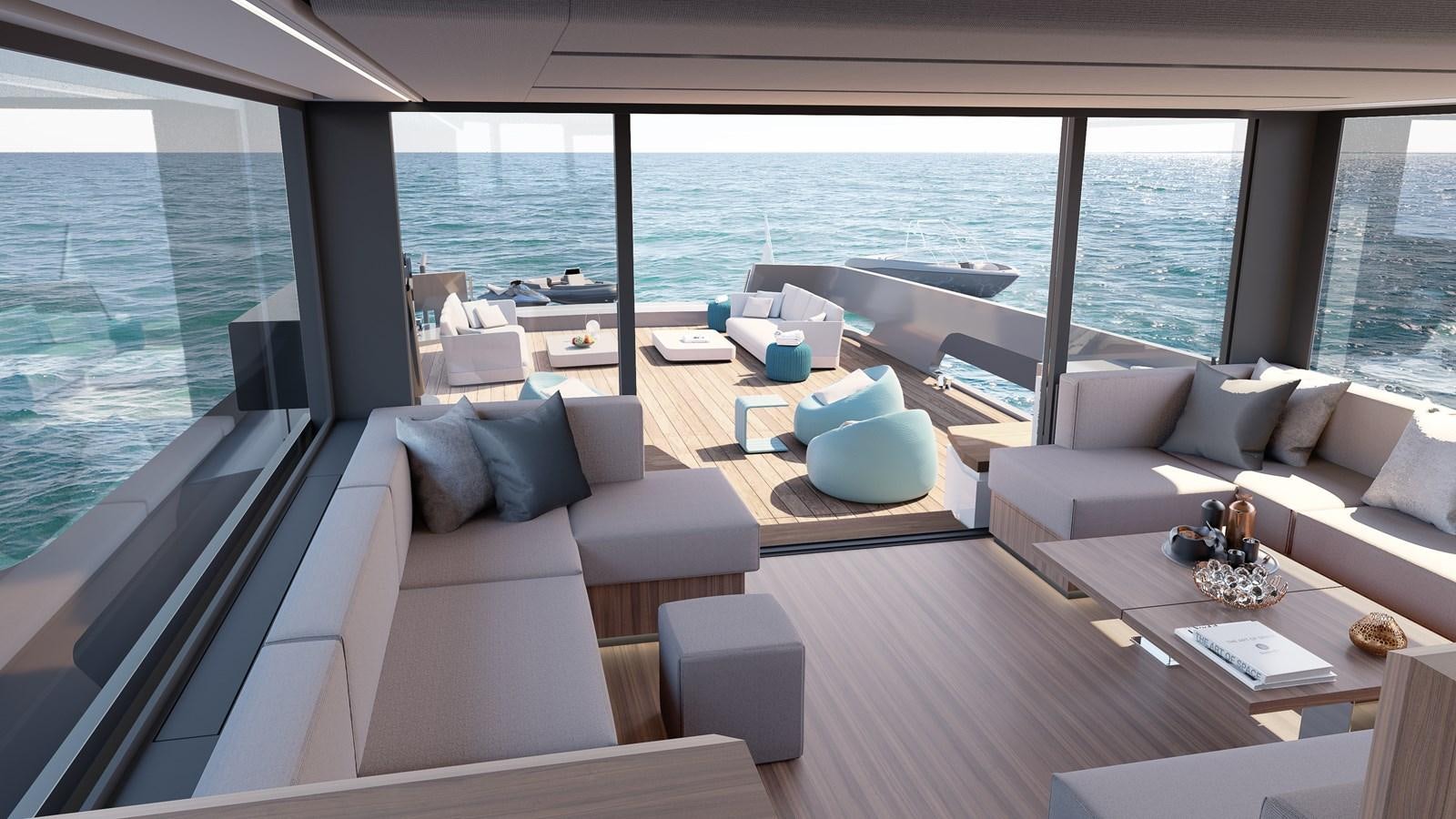 a living room with a large window aboard CROSSOVER 27M Yacht for Sale