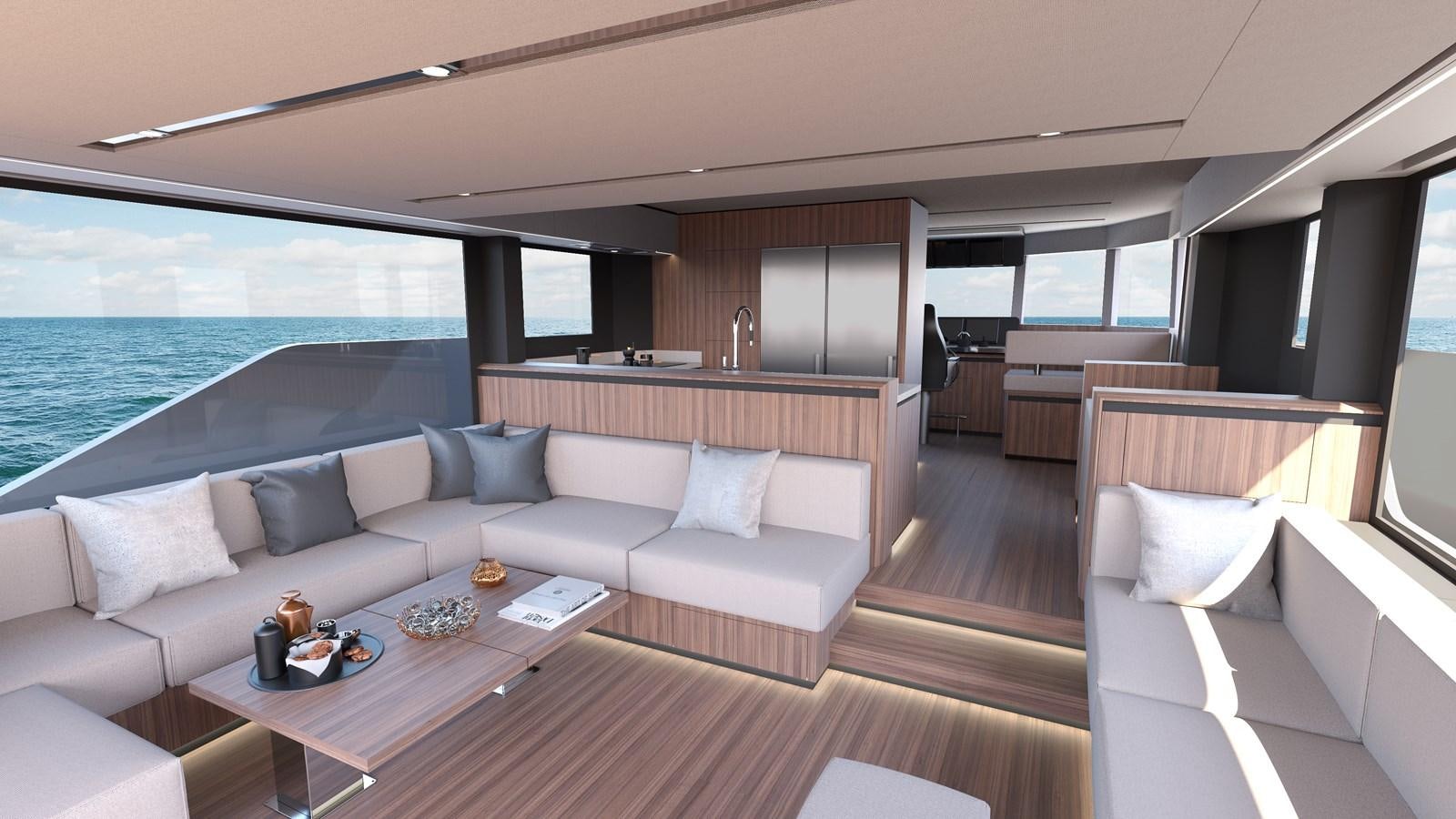 a living room with a large window aboard CROSSOVER 27M Yacht for Sale