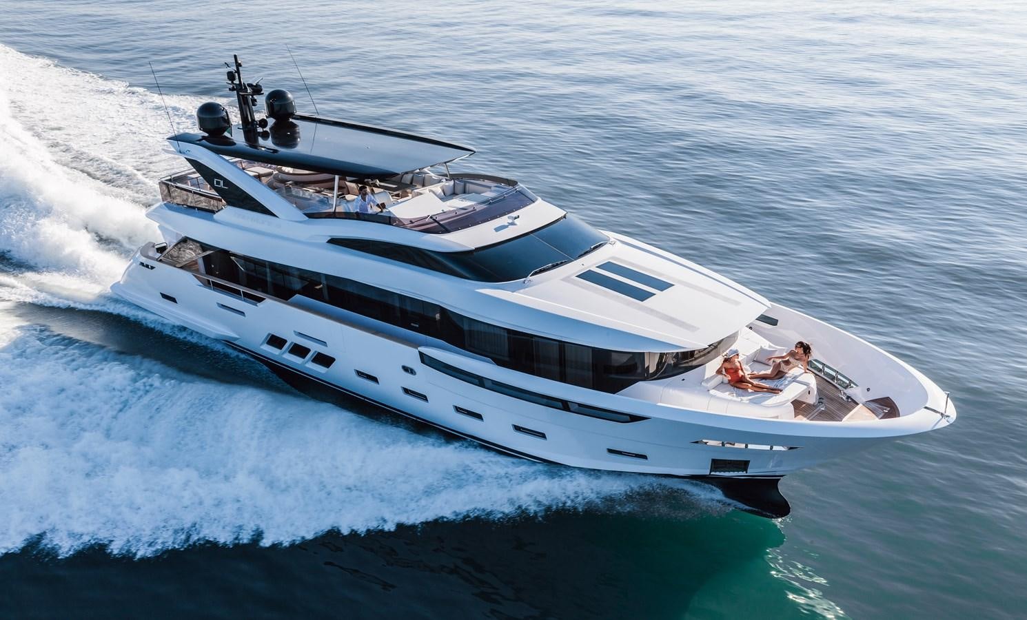 a white yacht on the water aboard DREAMLINE 35 Yacht for Sale